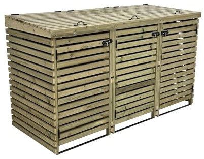 BinHaven slatted wheelie bin storage, wooden outdoor cover (Triple)