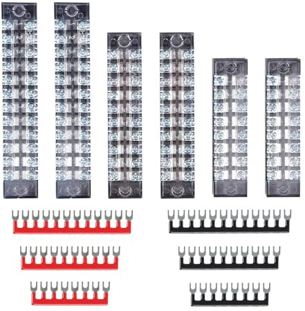 HAXIHA 6 Pezzi Morsettiera a Vite a Doppia Fila Morsettiera,8/10/12Posizioni 600V 15A+6 Pezzi Terminali Preisolati,Blocchi Connettori Elettrici con Copertura Protettiva,Rossa e Nera