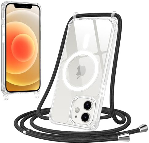 Jrkvniv Magnétique Coque pour iPhone 12/iPhone 12 Pro avec Cordon, Compatible avec MagSafe Transparent Réglable Lanyard Necklace Case, Ultra Mince Souple Silicone TPU Antichoc Housse, Noir