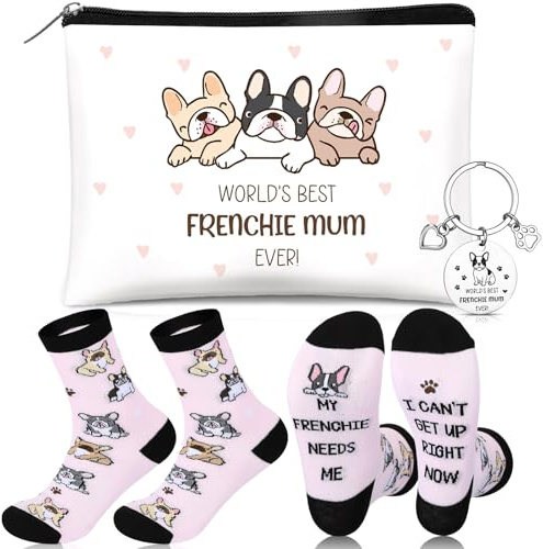 Hestya 3 Stück Bulldogge Schlüsselanhänger Kosmetiktasche Socken für Damen | Französische Bulldogge Frenchie Motiv, Lustige Hundebesitzer Geschenk, Für Frauen Damen, Geburtstag Weihnachten