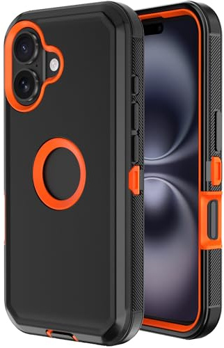 Jiunai for iPhone 16 Plus Case Heavy Duty Strong Shockproof Port Protection Dustproof Screenless Dual Layer Bumper Protective Cover Rugged Phone Case for iPhone 16 Plus 6.7'' Men Women Black Orange