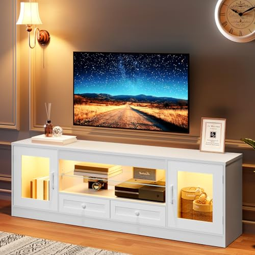 Dripex LED-TV-Lowboard 148 cm für 55–65 Zoll Fernseher, Gaming-TV-Schrank mit RGB-Beleuchtung und Schubladen, modernes TV-Board für Wohnzimmer und Schlafzimmer, Weiß