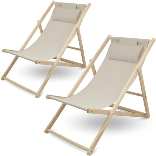 DELUKE Sonnenliege Holz klappbar Frieda - 2er Set Liegestuhl | Balkonliege Wetterfest Stuhl zum Sonnen Terrasse Liegestühle für Garten | Creme