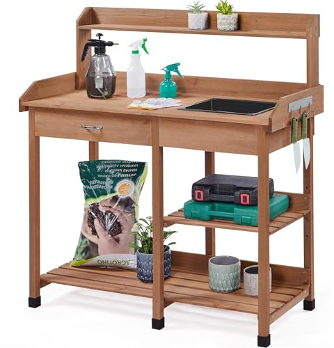 Yaheetech Wooden Potting Table, 2-Layer Slatted Shelf Workbench, Brown | Made of Natural Fir| Practical & Convenient Designs | With Removable Sink, Hooks, Drawer | For Patio, Yard, Lawn