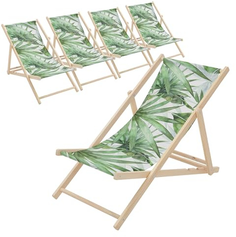 ECD Germany 5er Set Liegestuhl klappbar, Palme Grün-Weiß, Strandliege aus Holz, Sonnenliege mit verstellbarer Rückenlehne, Strandstuhl bis 120 kg, Gartenliege, Relaxliege für Garten, Balkon & Terrasse