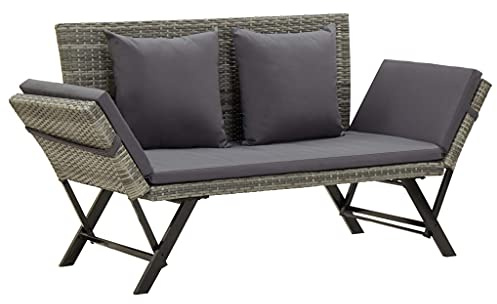 KHGPOTYU PE Rattan Gartenbank Grau 176 cm, verstellbare Sonnenliege Bank mit 1 Sitzpolster und 2 Kissen, wetterfestes Polyrattan, pulverbeschichteter Stahlrahmen, Abnehmbarer Bezug