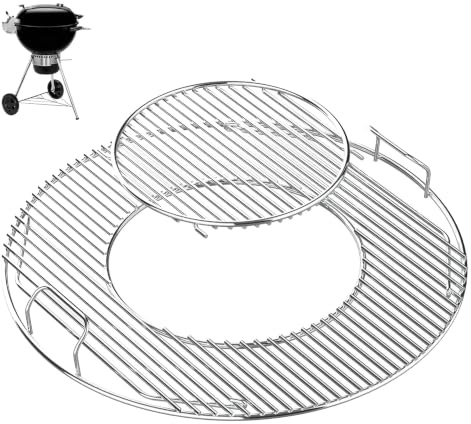 Grillrost Edelstahl, 54.5cm, Grillrost Rund mit Griff, Rund Grillrost für Weber 57CM Holzkohlegrills, Abnehmbarer Grillrost Ersatz für Weber Kohlegrills, Doppelte Öffnung, Grillzubehör (Silber)