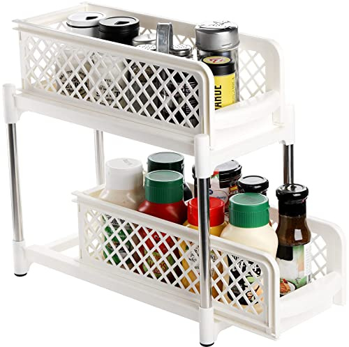 Usave 2 TIER KITCHEN CUPBOARD BASKETS, SLIDING PLASTIC BASKET DRAWERS ORGANISER