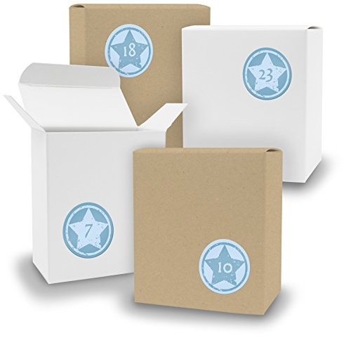 DIY itenga Adventskalender Set V09 zum Selberbefüllen 24x Schachtel in Quader-Form gemischt WEISS BRAUN Boxen + ZahlenSticker (Motiv Z22 Vintage Sterne/Blautöne)