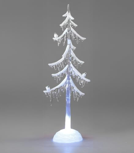formano LED Weihnachtsbaum Acryl 35 cm Dekobaum mit Licht & Vogel - Winterdeko mit Schnee-Effekt & Eiszapfen - stilvolle Weihnachtsdeko batteriebetrieben (3X AAA) - klare Deko für Tisch & Fenster