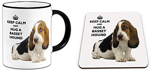 Keep Calm and Hug A Basset Hound Novelty Mug w/Coaster - Black Handle/Rim