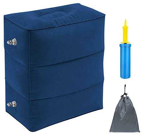 ZIQIAN Repose-pieds de voyage gonflable portable réglable à trois couches en hauteur pour avions, voitures, maison, trains, bureau pour s'allonger ou dormir sur de longs vols avec pompe (1 paquet)