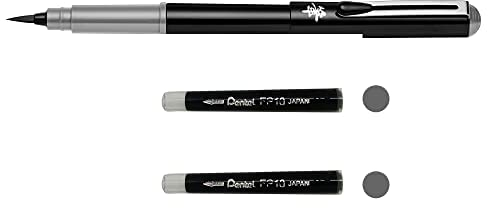 Pentel GFKPN Pocket Brush stylo pinceau encre à pigments pour calligraphie, croquis, dessins Gris + 2 cartouches