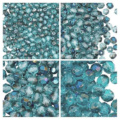 Set aus Tschechischen Fire-Polished Rund Glasperlen in Aquamarin Azuro Farbe zum Herstellen von Schmuck und Bastelarbeiten - Verschiedene Größen 3 mm, 4 mm, 6 mm, 8 mm. Insgesamt 275 Stück.