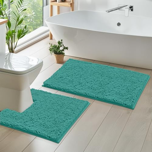 LuxUrux Bathroom Rugs Chenille 2-Piece Bath Mat Set, Soft Plush Bath Rug +Toilet Mat.1'' Microfiber Shaggy Carpet, Super Absorbent (Turquoise, 50 x 80 cm Ractangluer + 50 x 50 cm Curved Square)
