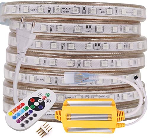 XUNATA 10M LED RGB Strip,AC 220V 230V SMD 5050 60leds/m IP65 Wasserdicht, Kein Selbstklebender, Flexibles LED Lichtband mit 24 Tasten IR-Fernbedienung Wasserdicht Controller