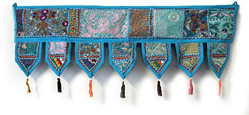 ICC Indische handgemachte traditionelle bestickte Baumwolle Thoranam Tür Wohnzimmer Dekor Bandanwar Home Volant Dekorationen Fenster hängende böhmische Wand ethnische dekorative Himmelblau 1 Meter