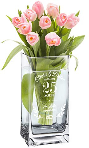 Casa Vivente Blumenvase mit Gravur zur Silberhochzeit, Vase mit Ring-Motiv, Personalisiert mit Namen und Datum, Geschenk zum 25. Hochzeitstag