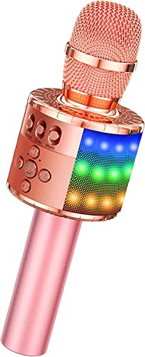 BONAOK Microfono Bambini Senza Fili, Bluetooth Microfono Karaoke Wireless con luci a LED controllabili, Portatile Macchina da Karaoke per Android/iPhone/iPad/Sony/PC Smartphone(oro rosa plus)