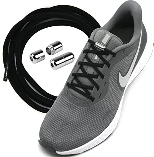 Run out sports Elastische Schnürsenkel ohne binden mit Metallkapseln rund Schuhbänder mit Schnellverschluss bunt Kinder Erwachsene (Coal Black)