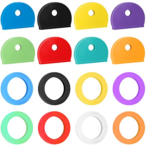 Uniclife 16 Pack Key Caps Covers Tags Set Plastic Key Identifier Coding Rings in 8 Assorted Colors, 2 Styles