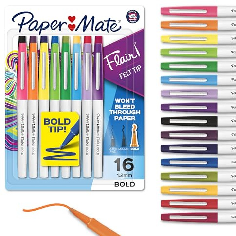 Paper Mate Flair Felt Tip Pens, Bold Tip (1.2 mm), 16 Count - Back to School, Teacher Supplies, Arts & Crafts