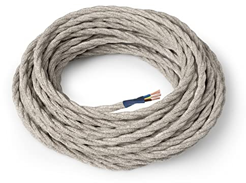 Amarcords - Câble électrique textile couleur BEIGE, torsadé, lin, 3 mètres, avec mise à la terre 3x0,75 - Fil vintage en tissu coloré, pour lampes, lustres, appliques et abat-jours.