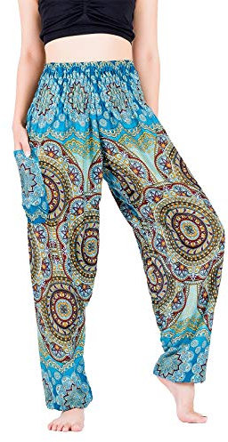 Lofbaz Yoga Boho Pantaloni per Le Donne Harem Hippie Abbigliamento Pigiama Lounge Jogging Indiana Bohemian Danza Spiaggia Fiore Azzurro XL