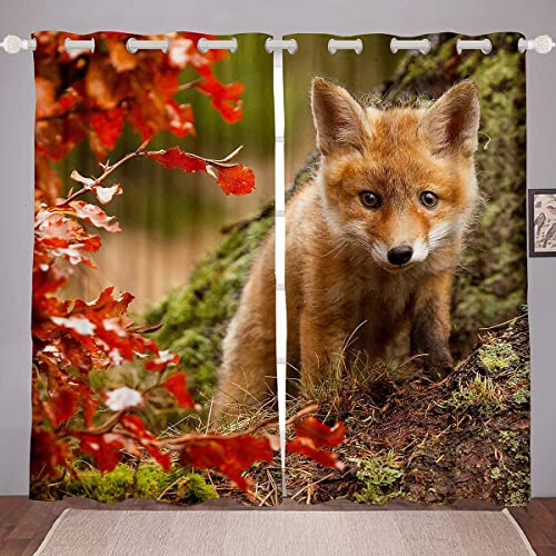 Loussiesd Niedlich Fuchs Drucken Fenstervorhang 137x117cm 3D Tiere Thema Vorhänge für Jungs Mädchen Wald Fuchs Blickdichte Vorhänge Stain Resistant Natur Herbst