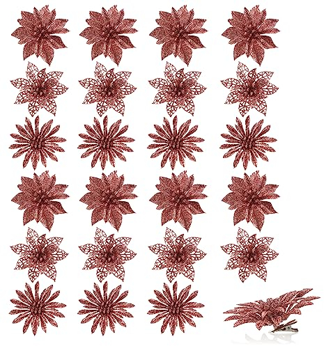 com-four® 24x Deko-Blume mit Clip - glitzernde Blüte zum Anklemmen - Blumenanstecker als Raumdeko für Weihnachten und Valentinstag - [Auswahl variiert]