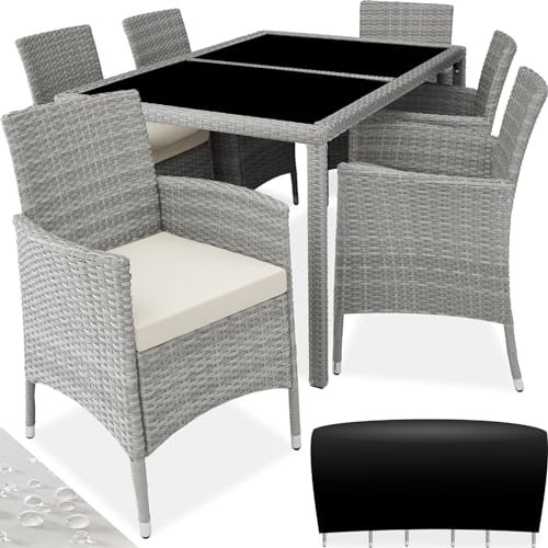 TecTake® Salon de Jardin Exterieur en Poly Rotin avec Table de Jardin & 6 Chaise Confortable, Résistant aux UV, Mobilier de Jardin pour Amenagement Balcon ou Terrasse - Gris Clair/Crème