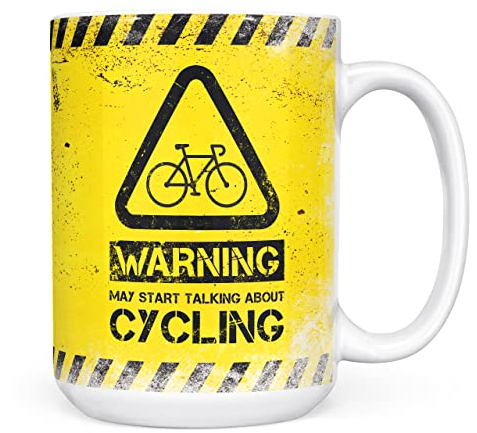 Mug Monster - Warning May Start Talking About Cycling Funny Gift Mug - Ceramic Coffee Mug/Cup, Gift for Men or Women, Extra Large and Giant Mug Available, 15oz White Mug