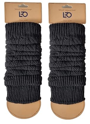 Leo Design 2X Natural Lambs Wool Women Leg Warmer- Blend of Lambs wool and Polyamide- Cable knitted Leg Warmer - One Size- Luxury Cold winter/Legwarmer (2X Black)
