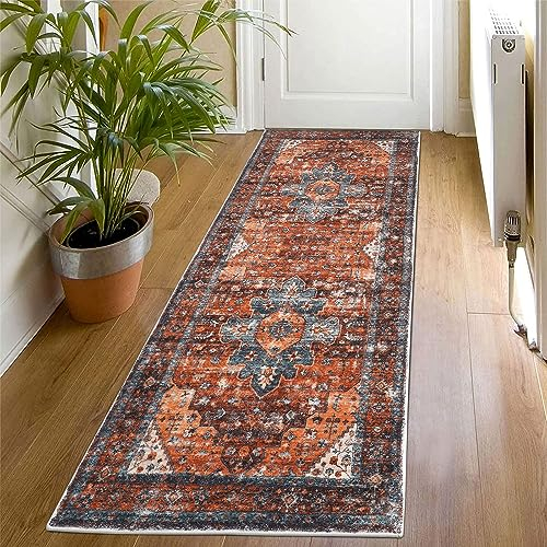 SHACOS Boho Teppich Läufer Flur rutschfest 60x180 cm Teppichläufer Küchenteppich Waschbar Flurläufer Vintage Teppich Läufer für Flur, Küche, Eingang, Schlafzimmer, Rot