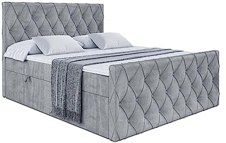 ALTDECOR Boxspringbett mit Matratze und Lattenrost, Boxbett, Fußteil, Topper, Polsterbett mit Bettkasten, Bett mit Stauraum H4-Matratze, Doppelbett, Springboxbett - Amay - 140x200 - Grau Samt