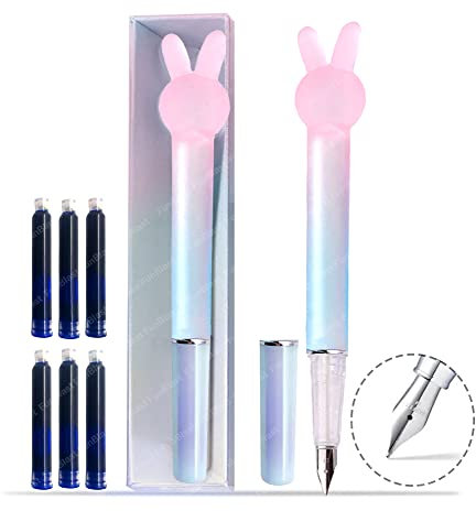 FunBlast Medium Point Fountain Pen - Crystal Rabbit Kawaii Stationery Set with 7 Assorted Color Refills, Perfect for School, Office or as a Gift