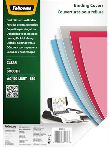 Fellowes Transparente PET-Einbandabdeckung, 180 Mikron (A4), 100 Stück