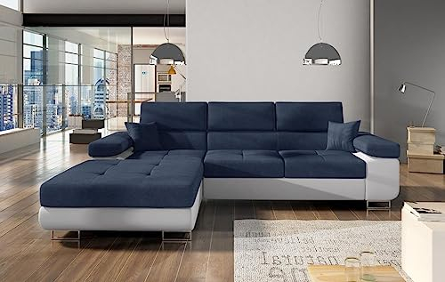 Froschkönig24 Armando Ecksofa 280 x 205 cm Dunkelblau/Weiß (Webstoff/Kunstleder), Ausführung:Links