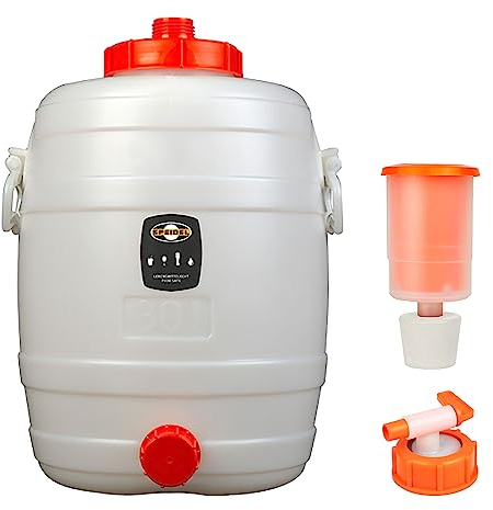 Mostfass 30 Liter mit Auslaufhahn NW 10 und Gärspund, Gärfass (30 L rund) für Most, Wein, Cider, Säfte, Getränke, Fass Getränkefass lebensmittelecht, Kunststoff Gärbehälter Behälter