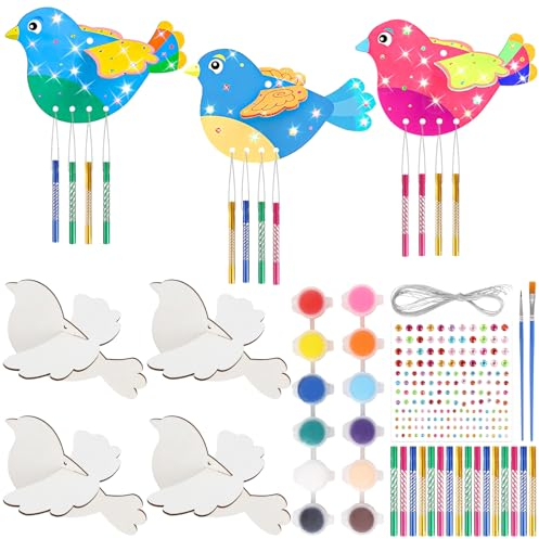 Heartsking Windspiel Bastelset Kinder, Vogel Kindergeburtstag Basteln Holz DIY Doppelseitig mit Windspielröhren Farbe Malpinsel Strass Sticker Seil für Mädchen Jungen ab 3 4 5 6 7 8 Jahre