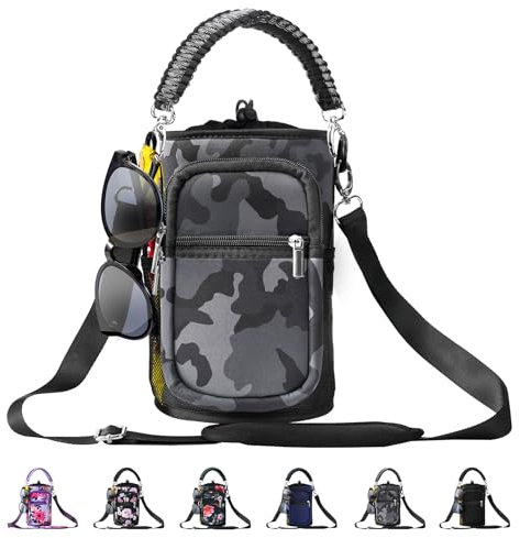 AceTreker Housse de transport pour bouteille d'eau de 1,8 l avec sangle et poignée en paracorde, sac à bandoulière isotherme en néoprène avec poche pour téléphone pour la marche, la randonnée, le
