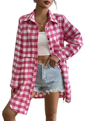 UNibelle Chemise à Carreaux pour Femme Veste à Manches Longues Tunique à Carreaux Haut décontracté Col en V Boutonné Rose M