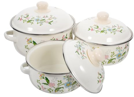3pcs Set Enamel Pot Retro Cooking Pot Stovetop Sauce Pans Double Ear Soup Pot Casserole Pot Instant Noodles Cooker Small Pan Enamel Stew Pot 、 Small Pot with Handle China Induction