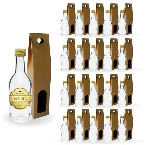Espirito Rebelde 20 Mini Bouteilles en Verre 40ml avec Bouchon a Vis Doré + Boîte | Mignonnettes Alcool 4cl, Petites Fioles Échantillons | Idéal pour Licor | Cadeaux, Mariages et Fetes