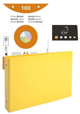 Lot 1 Classeur Pour Fiches + 100 Fiches Bristol A5 Quadrillées Perforées Couleurs Assorties + 1 Index Adhésif Blumie (Jaune)