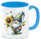 Gartenzwerg mit Sonnenblume Kaffeebecher in hellblau Zwerg mit Sonnenblume - Gartenfigur Dekorative Zierpflanze Skulptur Blume Tasse im Gartenzwergdesign