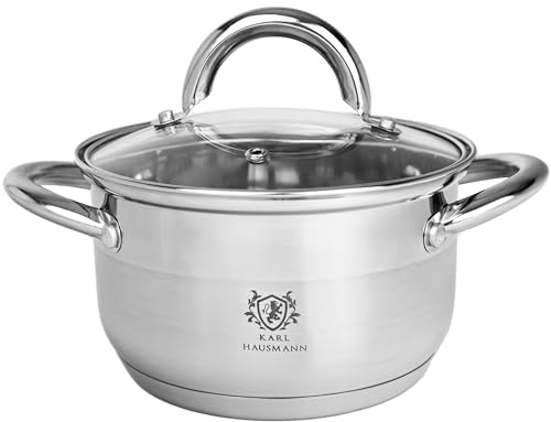 KARL HAUSMANN Faitout Inox - 1.3L - 14 cm - Marmite Induction en Acier Inoxydable 18/0 - Casserole avec Couvercle en Verre - fait tout tous feux - Faitouts Avec Échelle de Mesure - Cocotte Inox