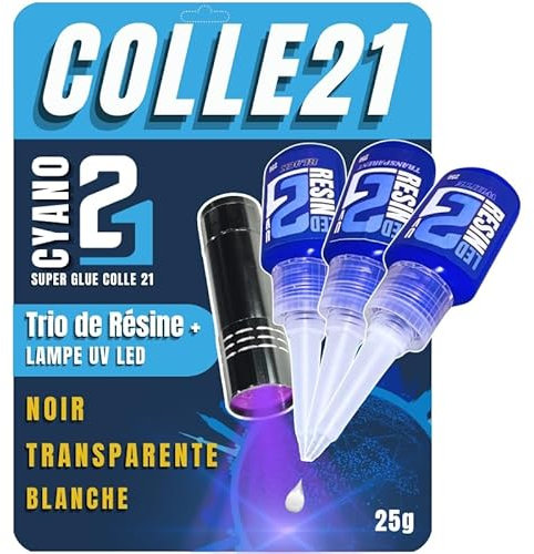 Kit TRIS Résine UV LED Colle21 + Lampe – 3 Résines: Blanche,Transparente, Noire, pour une Création Expressive, Propre et Résistante
