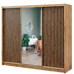 Albello Londo Kleiderschrank mit Spiegel Schlafzimmerschrank Schiebetürenschrank Standschrank für das Schlafzimmer Dreitüriger Schrank Garderobenschrank 250 cm 60,5 cm 215cm Schwarz/Wotan Eiche