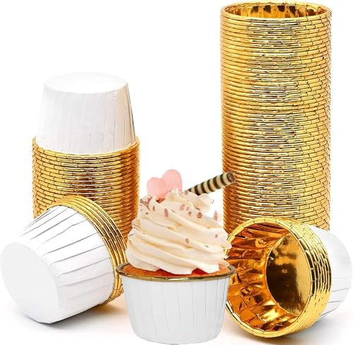 SZKKQKJ Muffinförmchen Papier, Cupcake Formen Papier, 50 Stück, Weiß-Gold, Antihaftbeschichtet Einweg-Backbecher für Muffinform Cupcake